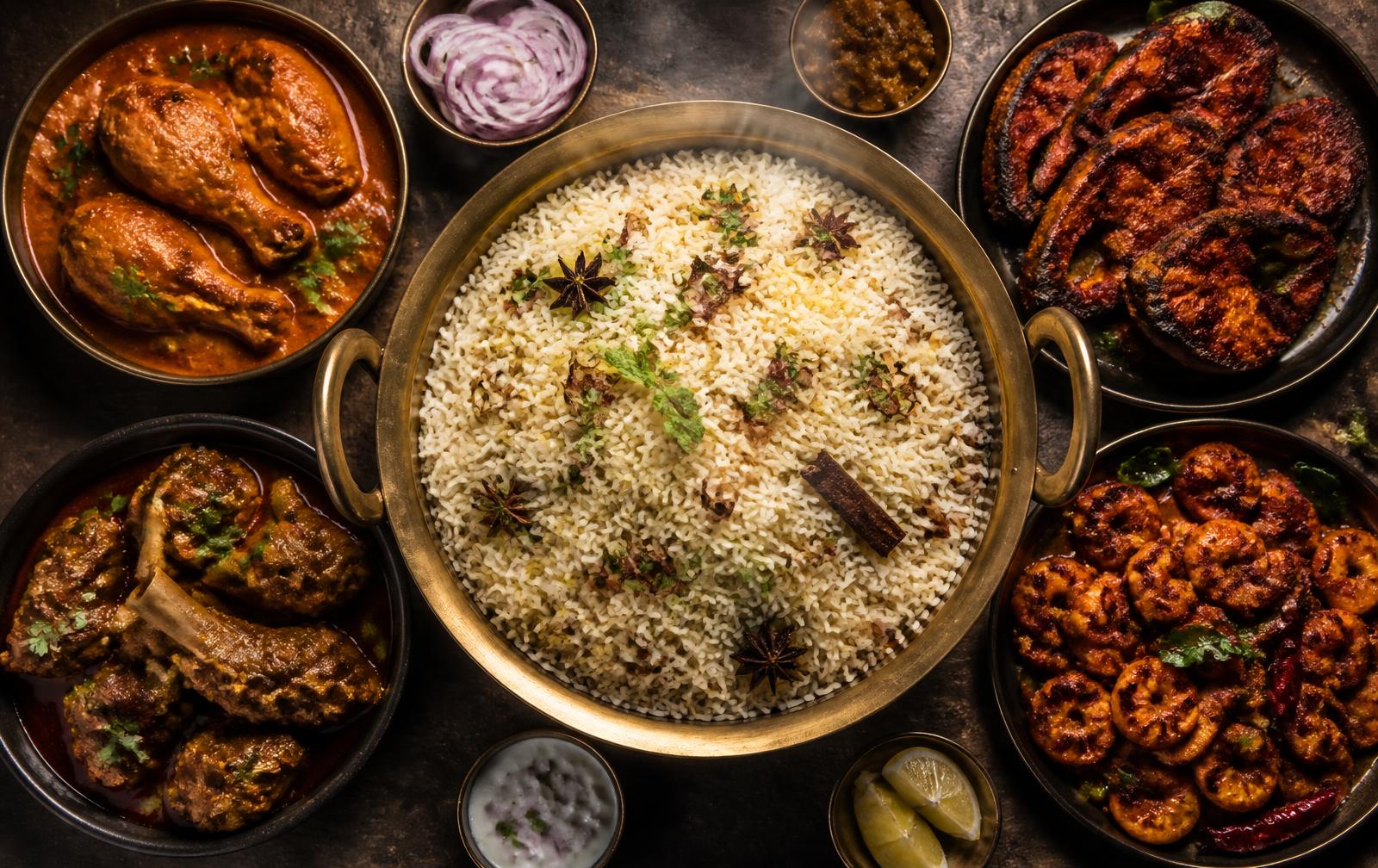 Bagara rice with chicken, mutton, fish and prawn dishes